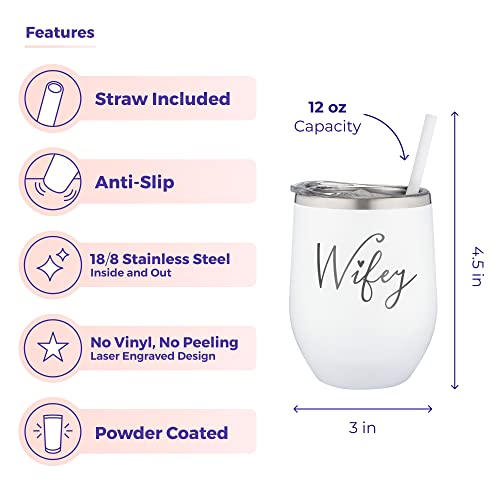Wifey Engraved Stainless Steel Vacuum Insulated Wine Glass Tumbler With Lid And Straw - Bridal Shower Bride Cup - Bachelorette Party - Engagement Tumbler - Wife Anniversary, Bridal Shower, Wedding #TOP3