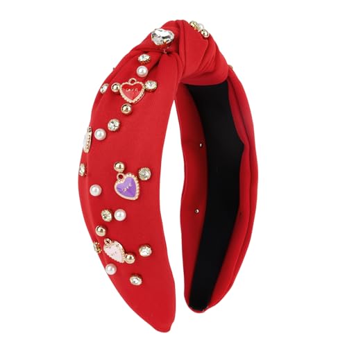 CURASA Valentine‘s Day Headband for Women Girls Love Heart Red Knotted Headband Pearl Crystal Rhinestone Jeweled Headpiece Wide Top Knot HairBand Fashion Heart Accessories Party Holiday Gifts