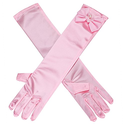 XGOPTS Girls Long Satin Gloves Elbow Length Stretch Bows Dress Glove for Flower Girl Pricess Dress Up Wedding Birthday Party