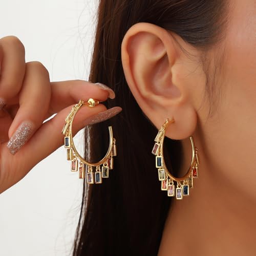 beautlace Colored Zircon Geometric Drip tassel Stud Earrings 18K Gold Plated Round Hoop with Colorful Zirconia Jewelry for Women2