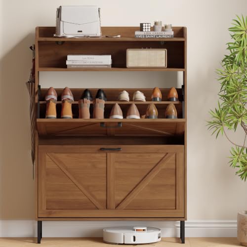 Image of Shoe Cabinet with 2 Flip Drawers, Freestanding Hidden Shoe Storage Organizer for Entryway, Narrow Slim Shoe Rack Cabinet with Open Storage & Hooks for Front Door Entrance, Living Room, Hallway, Walnut