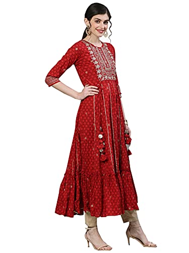 Image of Ishin Women's Cotton Regular Fit Anarkali Embellished Zari Embellished Print Red Kurti