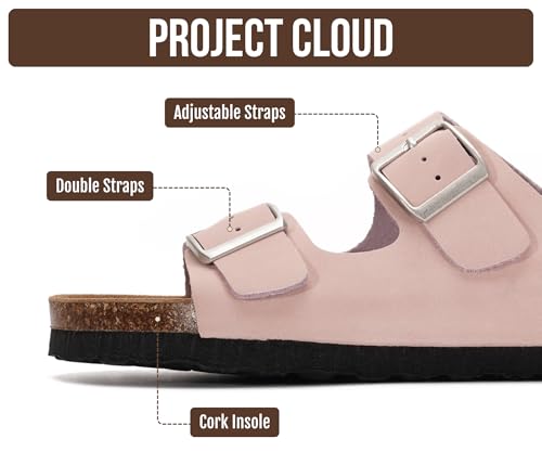 Image of Project Cloud 100% Genuine Leather Flat Sandals For Women 2026 Cork Footbed Womens Sandals with Memory Foam and arch support Vacation Essentials Slides for Women Footwear (Venita)
