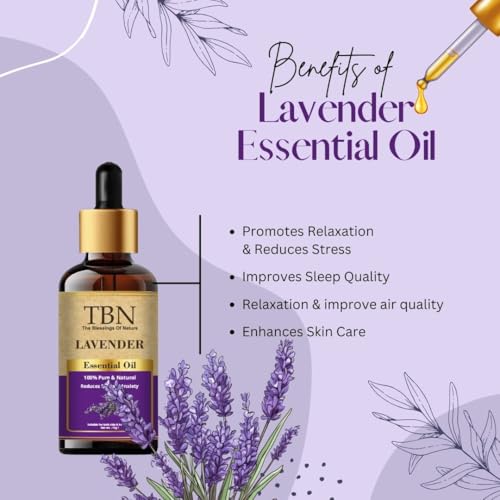 Image of TBN 100% Pure Lavender Essential Oil for Aroma Therapy, Stress Relief, Hair, Skin | Lavender Essential Oil For Diffuser, Cold & Cough & Pain Relief - 15ML