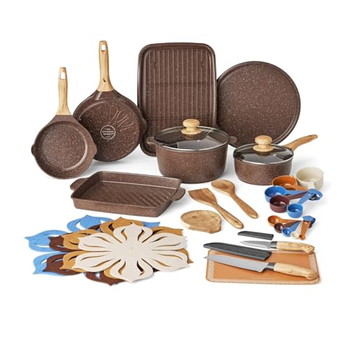 Pioneers Woman 32 Piece Pots and Pans Set Ceramic Nonstick Cookware Set with Utensils and Bakeware Frying Pans Dutch Oven Grill Cookware Home Kitchen Essentials Cooking Tools (Brown)