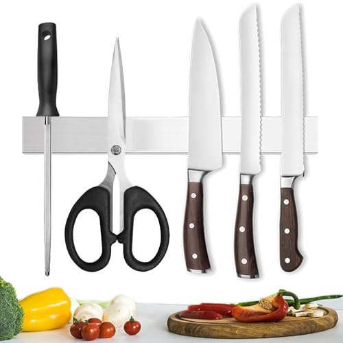 Magnetic Knife Holder for Wall 40cm(16 Inch), Secure Easy Access Storage Stainless Steel Knives Rack, Strong Self Adhesive 3M Tape Strip Perfect for Kitchen or Garage Utensils Tools