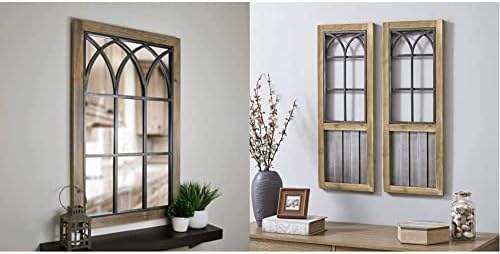 FirsTime & Co. Grandview Arched Window Mirror, 37.5" H x 24" W, Weathered Brown & Willow Farms Window Wall Plaque Set, 31.5" H x 12" W (Each), Brown, Silver, Metallic Gray