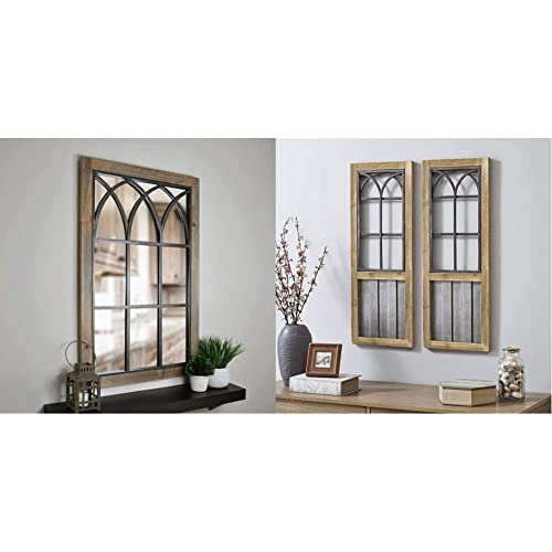 Firstime & Co. Grandview Arched Window Mirror, 37.5" H X 24" W, Weathered Brown & Willow Farms Window Wall Plaque Set, 31.5" H X 12" W (Each), Brown, Silver, Metallic Gray #TOP3