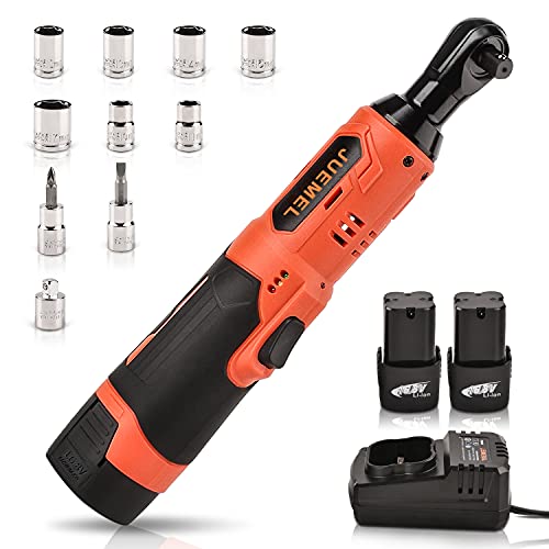 16.8V Cordless Electric Ratchet Wrench Set with 2 Batteries, JUEMEL 3 8 Power Ratchet Wrench 46 N·m 400 RPM Variable Speed, Fast Charger, 7 Sockets, 2 Screwdrivers and 1 4 Adapter