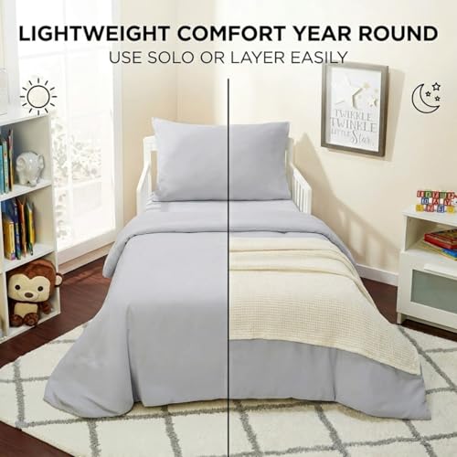Image of EVERYDAY KIDS 4 Piece Toddler Bedding Set - Includes Comforter, Flat Sheet, Fitted Sheet and Pillowcase - Solid Grey