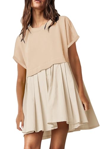 Image of SAUKOLE Womens Summer Crew Neck Short Sleeve Dress Patchwork Pleated A Line Beach Mini Dress