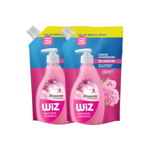 Image of Wiz Blossom Hand Wash Refill Pouch - 1L (Pack of 2) | Floral Fragrance for Lasting Freshness| Germ Protection | pH Balanced | 70% Less Plastic | Gentle Everyday Hand Care