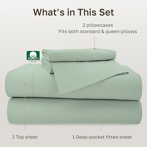 Image of California Design Den 100% Cotton Sheet Set Queen Size - 500 Thread Count Sateen, Queen Sheets Set, Deep Pockets Bedding with All Around Elastic for a Snug Fit - Sea Glass Sage