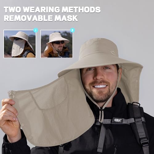 Image of Rosoz Sun Hat for Men Women with Neck Flap,Wide Brim UPF50+ Fishing Hat with Detachable Face Cover Outdoor Sun Protection Hat