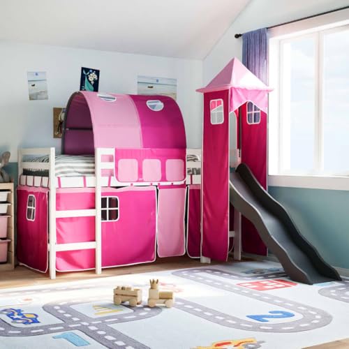 NQJIBUE Home Garden - Cama alta para niños con torre rosa, 90 x 190 cm, madera maciza de pino