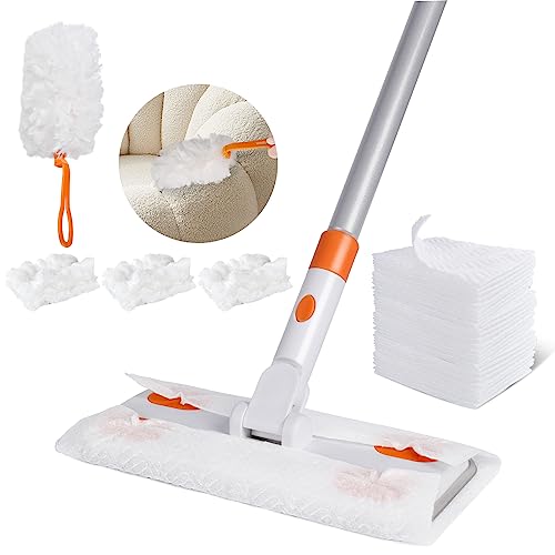 Midyb Flat Mop with 3 Non-Woven Dust Removers, Flat Mop for Cleaning Dry Floors, 30 Pieces of Non-Woven Fabric
