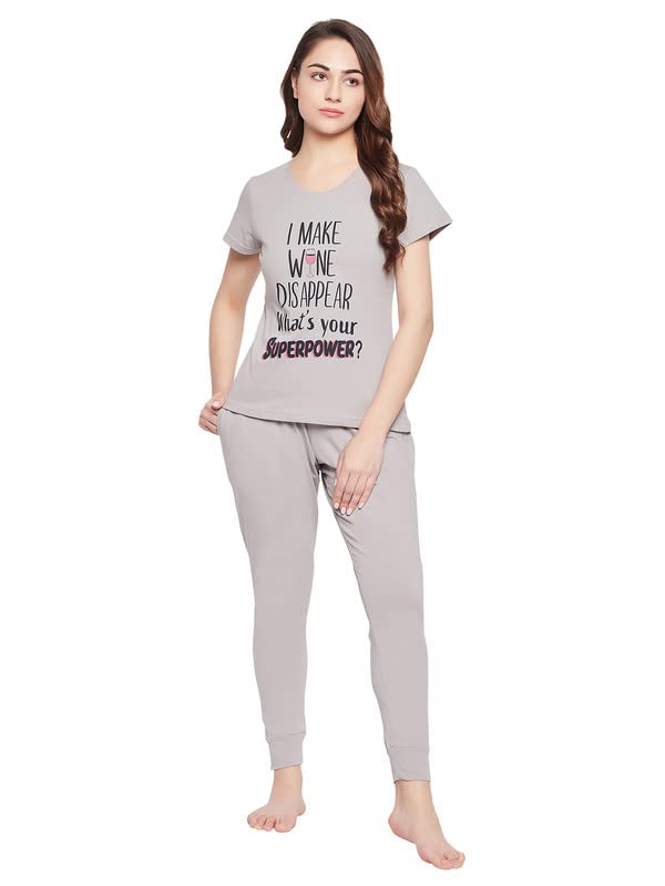 Image of Clovia Women's Cotton Text & Graphic Print Relaxed Top & Solid Jogger Pyjama Set