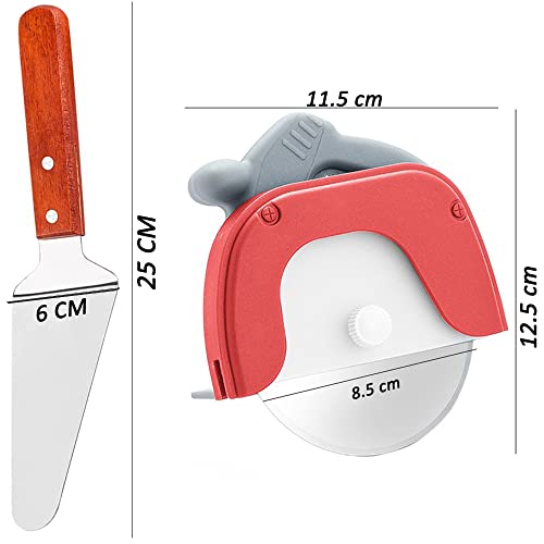 Image of P-Plus International Pizza Cutter and Serving Turner Set - 2-Piece Tool With Wheel and Spatula (Red)