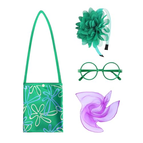 Disgust’s Dress with Green Floral Patterns,Ruffle Sleeve Dresses Headband and Glasses Christmas Birthday Outfit4