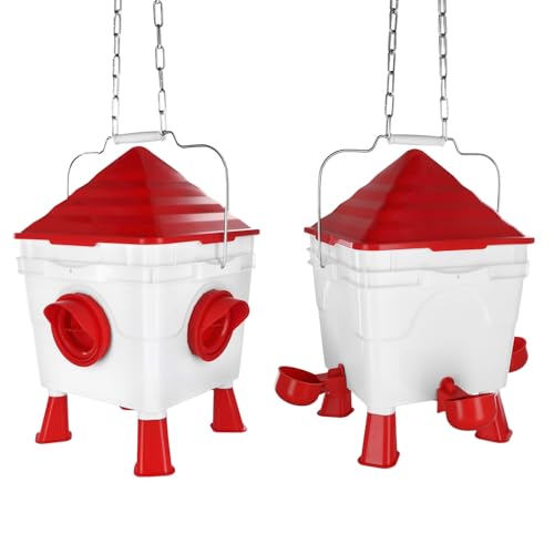 QWORK® Set de Bebedero y Comedero Automático para Gallinas - 6Kg/8.5L - con Apertura Antidesperdicio, Patas Extraíbles y Cadenas de Acero - Apto para Exterior