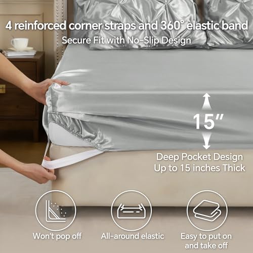 Image of BEDELITE Satin Comforter Set Full Size, 7 Pieces Pintuck Bed in A Bag with Comforter, Flat Sheet, Fitted Sheet, Pillowcases, Shams, Soft Cozy Similar to Silk Bed Set for All Seasons (Grey)