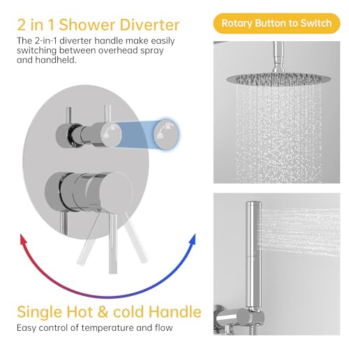 Image of BESy Shower System with 10 Inch Round Rain Shower Head and Handheld Wall Mounted, High Pressure Rainfall Shower Faucet Fixture Combo Set with 2 in 1 Handheld Showerhead for Bathroom, Polished Chrome