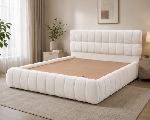 Image of Crafts Luxury Upholstered King Size Bed with Box Storage | Premium Boucle Fabric Platform Bed, Wooden Double Cot for Bedroom, Sheesham Wood, 6.5 x 6 Ft, White