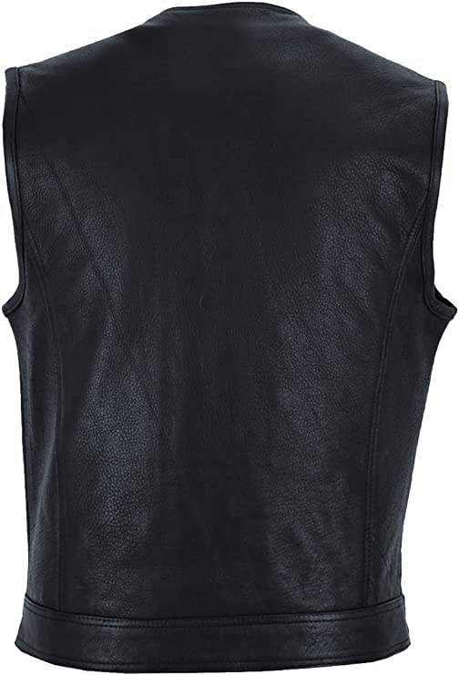 IKLeather SOA Vest for Men Leather Club Style Vest W/Concealed Gun Pockets, Cowhide Leather Biker Vest, Single Panel Back (XL)