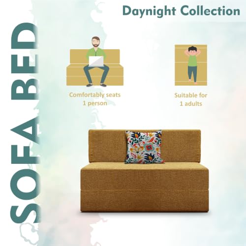 Image of Los Angeles Foldable One Seater Sofa Cum Bed, Sofa Bed 3 X 6 Feet Jute Fabric Washable Cover- Including Cushion Perfect for Living Room - Golden