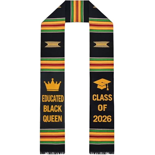 Educated Black Queen Graduation Stole 2026 – Kente Graduation Stole for Black Women, African Graduation Sash with Crown Design, Class of 2026 Graduation Accessories