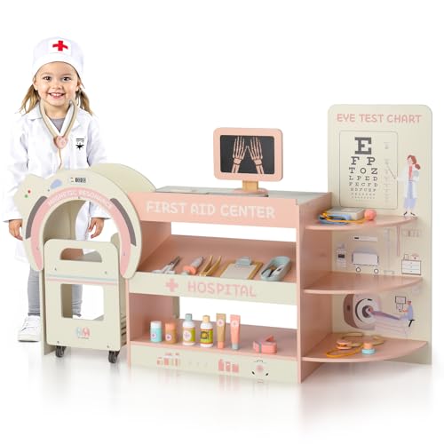 Ktaxon Wooden Kids Doctor Play Set, Pretend Hospital Office Center Kit with Toy Medical CT Cart, 20 PCS Accessories Included for Toddler & Kid Age 3+, Pink