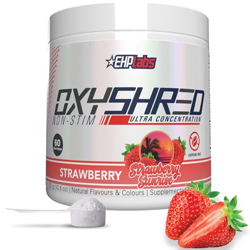 EHP Labs OxyShred Non Stimulant Pre Workout Powder - Stim Free Caffeine Free Preworkout for Men & Women - Non Stim Preworkout - Sugar Free Energy Powder - Strawberry 60 Servings