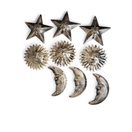 Mango Gifts Rustic Sun Moon Star Metal Wall Art | 9 Piece Antique Gold Set | Vintage Celestial Wall Hanging Decor for Boho, Farmhouse & Outdoor Garden | Sun & Moon Face Home Decoration
