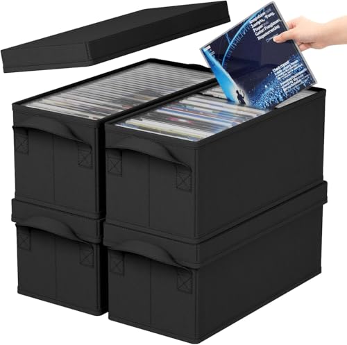 Aolawco Lot de 4 boîtes de rangement pour DVD, 40 x 20 x 15 cm avec couvercle, conteneur pouvant contenir 50 DVD dans des boîtiers à bijoux, 85 DVD dans des étuis...