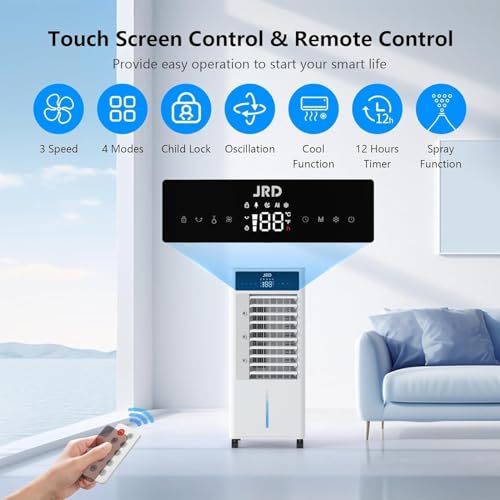 JRD 3-IN-1 Evaporative Air Cooler, 80° Oscillation Air Cooler with 3 Speeds, 4 Modes, 12H Timer, 2.4Gal Tank, Remote, Portable Swamp Cooler for Bedroom Home Office Garage - Thumbnail 3