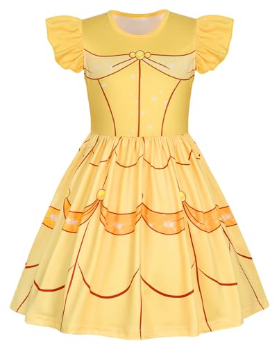 COTRIO Princess Dress Girls Casual Dresses Toddler Twirl Skater Dress A Line Swing Sundress Kids Ruffle Sleeve School Dresses Outfit Size 4t-5t (Yellow)
