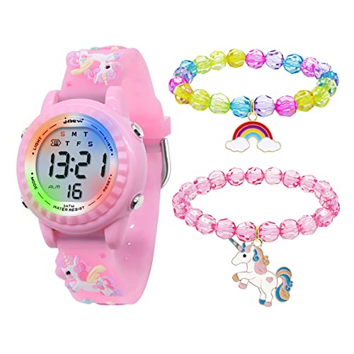 HMJIA Relógios digitais e colar conjunto impermeável relógio com alarme cronómetro luz de flash 3D de desenhos animados correia de silicone presentes de aniversário para 3-12 anos de meninas, ROSA,