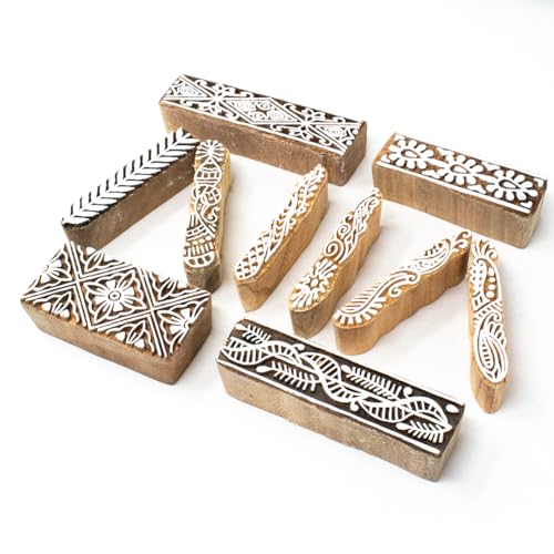 Image of Wooden Indian Traditional Design Printing Stamps /Blocks for Printing Saree Border /Dresses /Craft Card Making /Scrapbook /Clay Pottery (Set of 10)