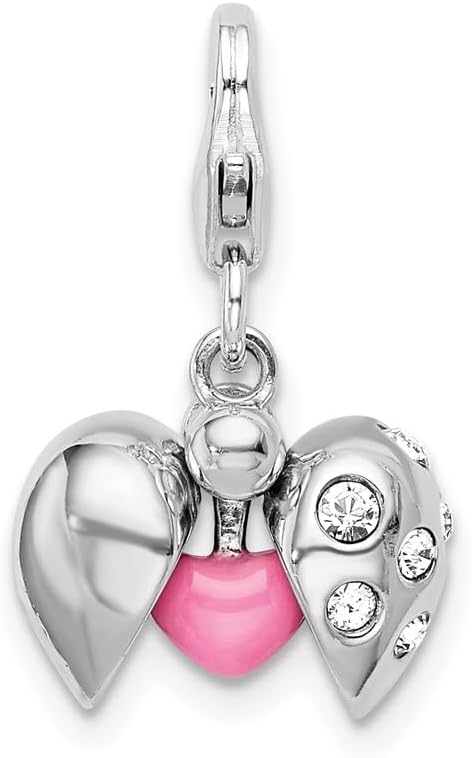 Amore La Vita Sterling Silver Rhodium-plated Polished 3-D Crystal From Enameled Heart Opens Charm with Fancy Lobster Clasp