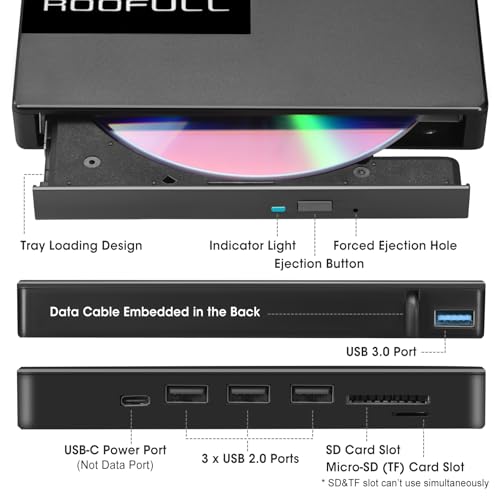Image of ROOFULL External CD DVD Drive for Laptop USB 3.0 & USB-C | 8-IN-1 CD DVD Optical Disk Drive Burner Writer with USB Ports + SD /TF Card Reader + Carrying Case for Windows Mac Linux PC