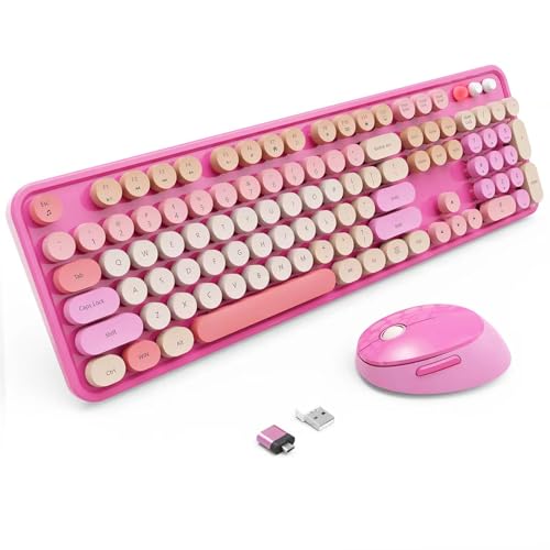 Wireless Keyboard and Mouse Combo, Ergonomic Full Size Typewriter Retro Round Keycaps Keyboard, Compatible with Windows, PC, Perfer for Home and Office Keyboards （Red）