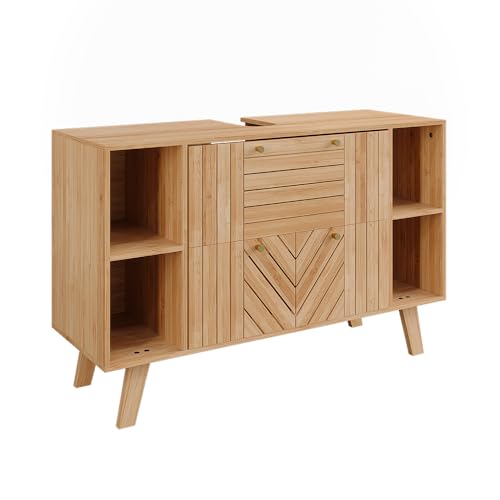 Vicco Meuble sous Vasque Simple Lucie, Bambou, 100x65cm avec 2 tiroirs, Convient au Rangement Peu encombrant des Accessoires de Salle de Bain