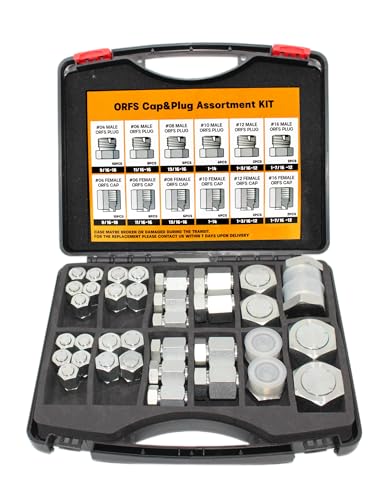 Image of 64 Pcs. O-Ring Face Seal Cap & Plug Assortment Kit, Seal Adapter Set for Hydraulic Hose Tube and Pipe, ORFS Fittings, Galvanized Carbon Steel with Precision Threading, Dash Sizes 4 6 8 10 12 16