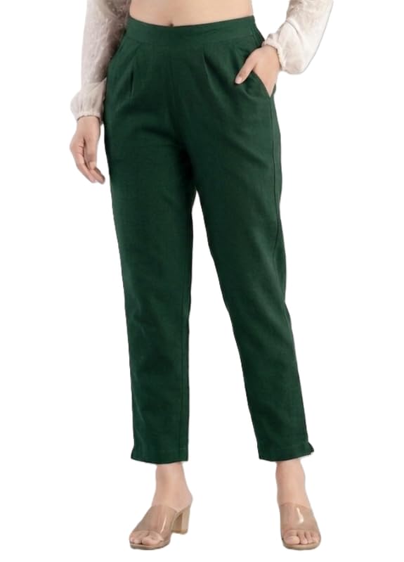 Image of Solid Cotton Woman Trousers Pants Regular Fit Kurti Pant with Drawstring Daily Office Formal Casual Use