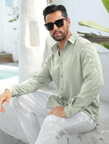 MAPICK Men's Linen Shirt Long Sleeve Button Down Casual Shirts Untucked Dress Shirts Beach Vacation Fall Tops3