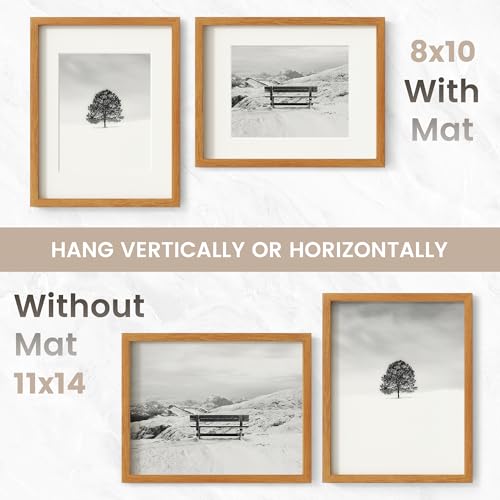 Image of 11x14 Picture Frame, USA-Sourced Natural Teak Wood Photo Collage Frame with HD Tempered Glass, Modern Simple 11 x 14 Wooden Frame Matted to 8x10, Vertical & Horizontal Wall Hanging Display
