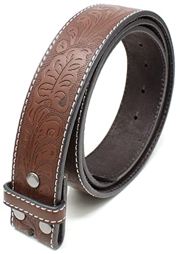Bc Belts Leather Belt Strap With White Stitching And Embossed Western Scrollwork 1.5" Wide With Snaps (Brown/White-L) #TOP1