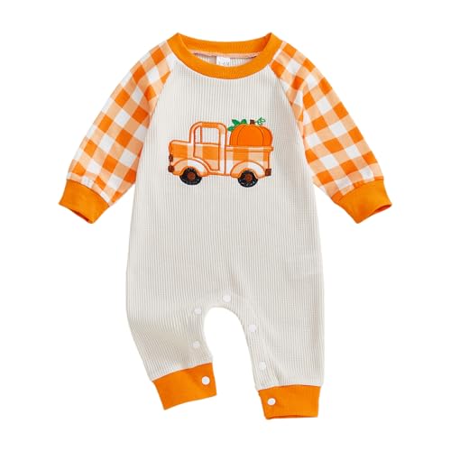 SAYOO Newborn Baby Girl Boy Thanksgiving Halloween Outfit Pumpkin Turkey Embroidered Contrast Waffle-Knit Romper Jumpsuit