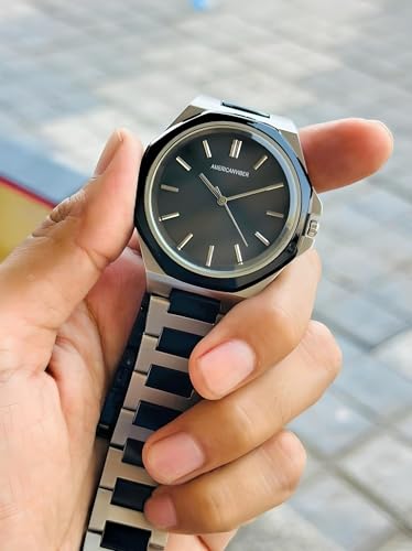Image of AMERICANVIBER Modern Analog Watch, Silver and Black Two-Tone Stainless Steel Band, Octagonal Case, White Dial for Men
