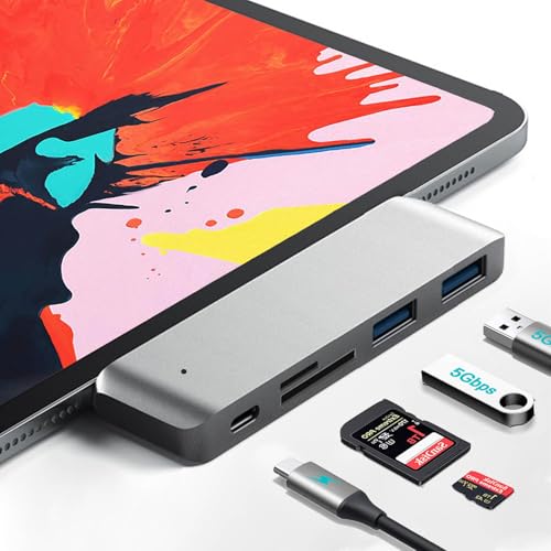 Adaptador para iPad USB C Hub, adaptador USB C 5 em 1 com 2 x 5 Gbps USB 3.0, carregamento PD de 60 W, leitor de cartão SD/Micro SD para iPad Pro M4 M2 M1 13 12,9 11 polegadas iPad Air 5 4 base para